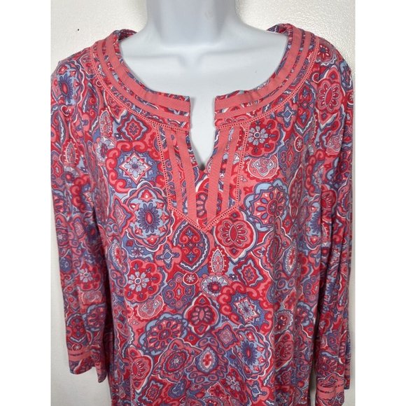 Talbots Large Womens Tunic Top Pink Colorful 3/4 Sleeve Cotton Modal Split VNeck - Picture 9 of 9